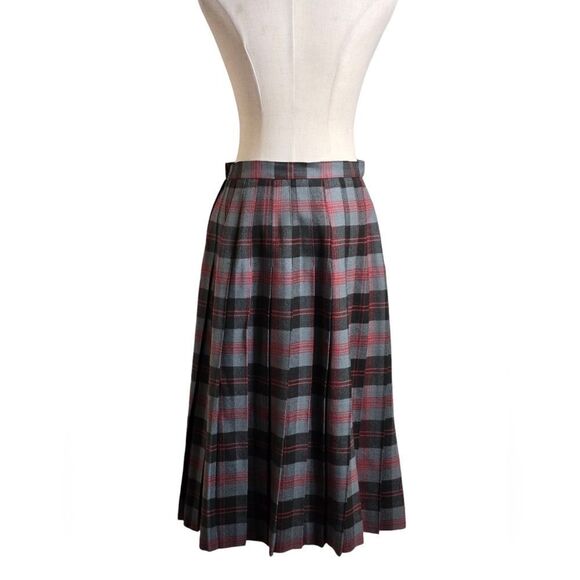 Gray and Black Vintage Plaid Lined Wool Pleated Midi Skirt - Picture 3 of 6